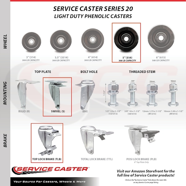 5 Inch SS Phenolic Swivel Top Plate Caster With Brake